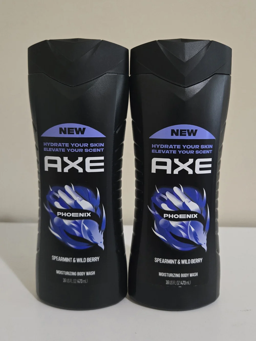 2 New AXE Phoenix Moisturizing Body Wash - Spearmint & Wild Berry, Black/Blue